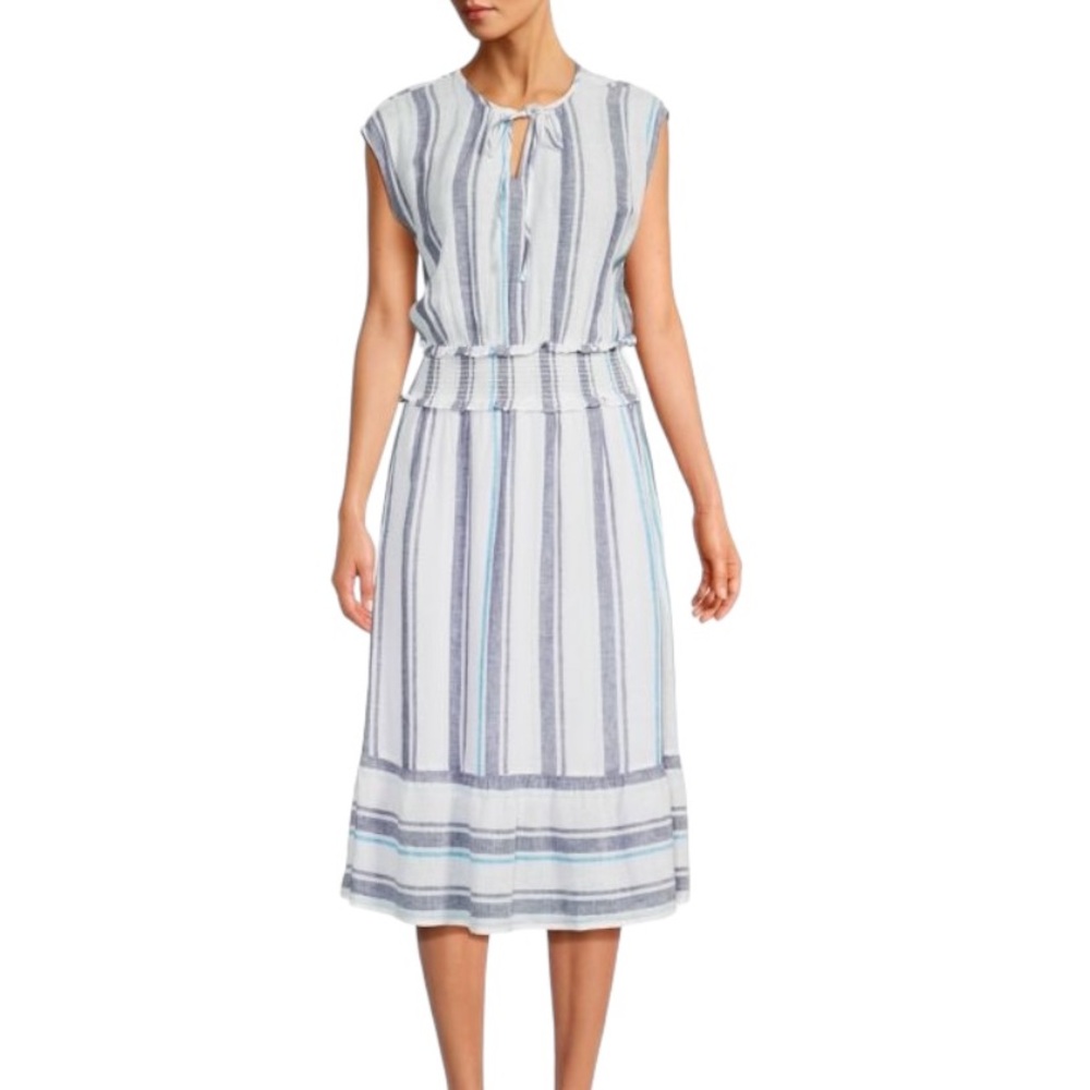 Rails Ashlyn Aegean Blue & White Striped Linen Blend Tie Neck Midi Dress - XS